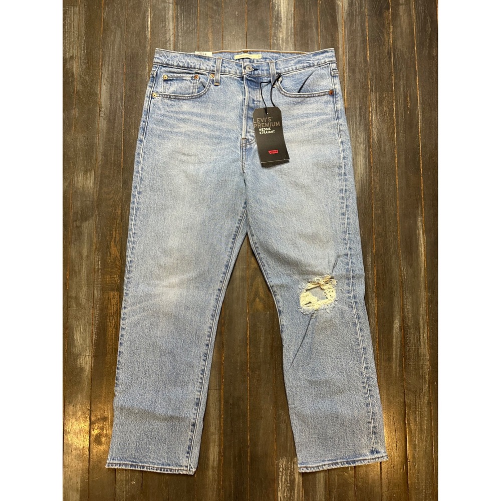 Levis Premium Wedgie Straight Jeans Light Wash Distressed Denim